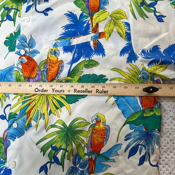 Rima Shirt Men XL Parrot Tropical White Blue Button Front Hawaiian Palm Tree - Picture 7 of 9